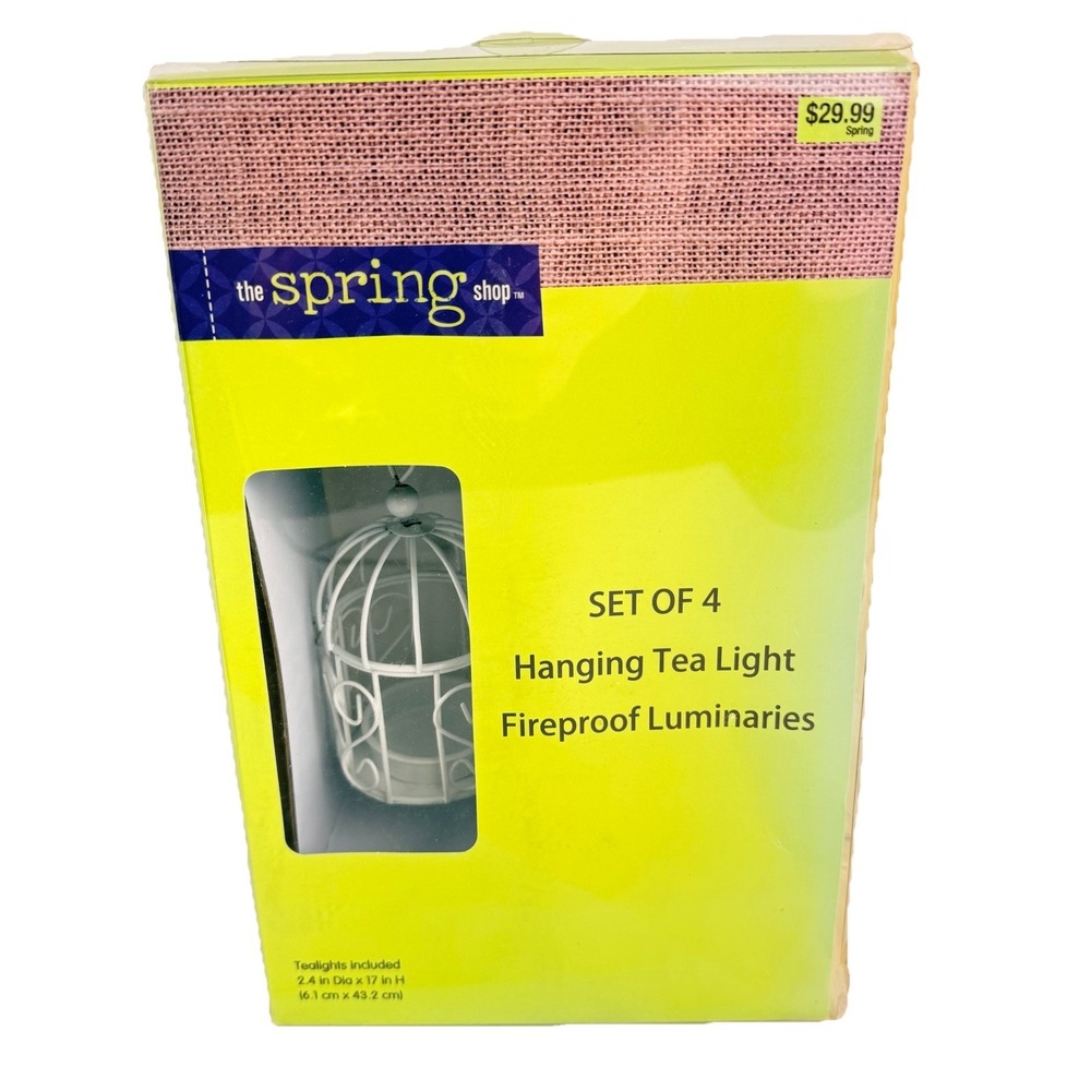The Spring Shop Hanging Birdcage Tea Light Luminaries White Metal Set of 4 New